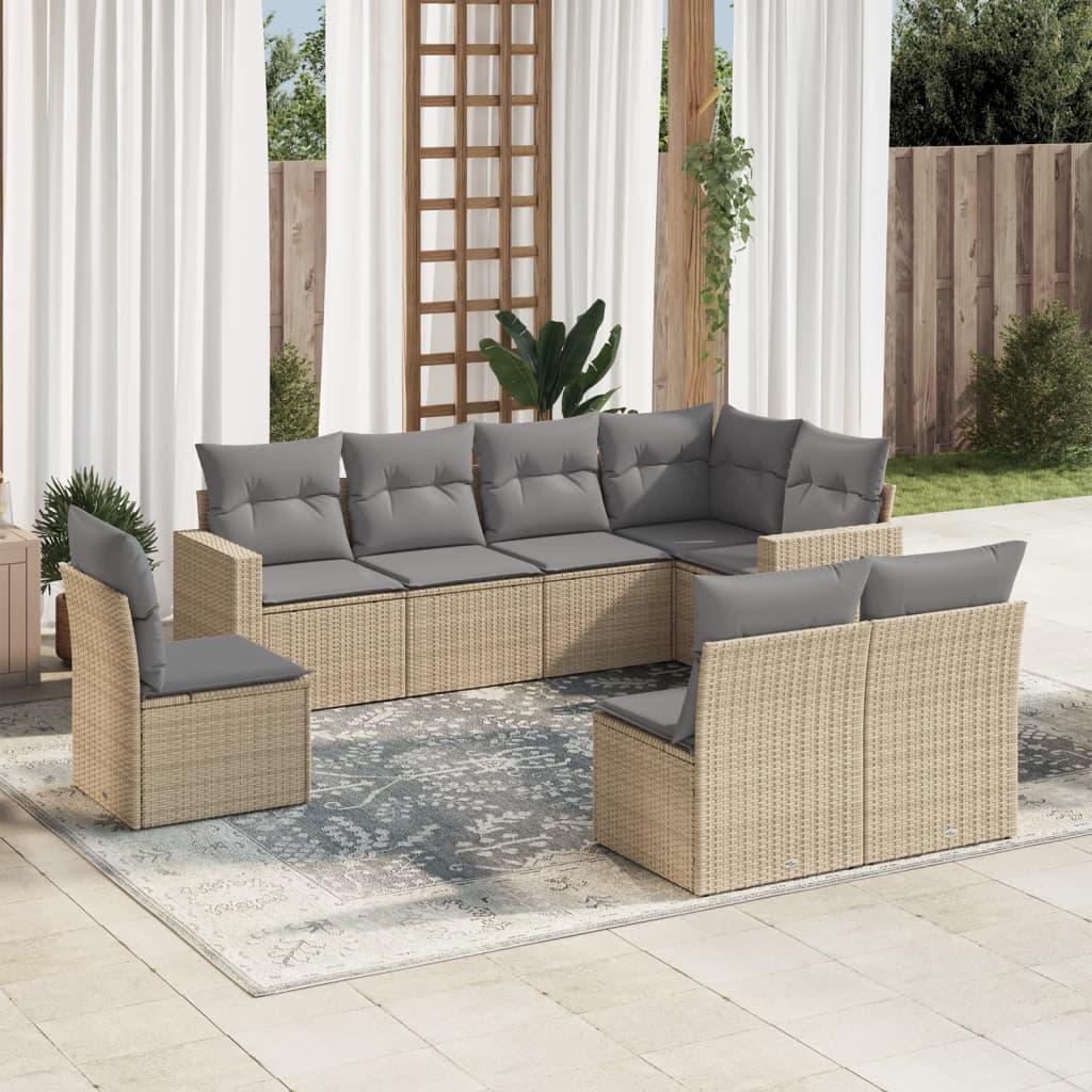 Sofasæt til haven i polyrattan - 8 dele med hynder, beige/lysegrå