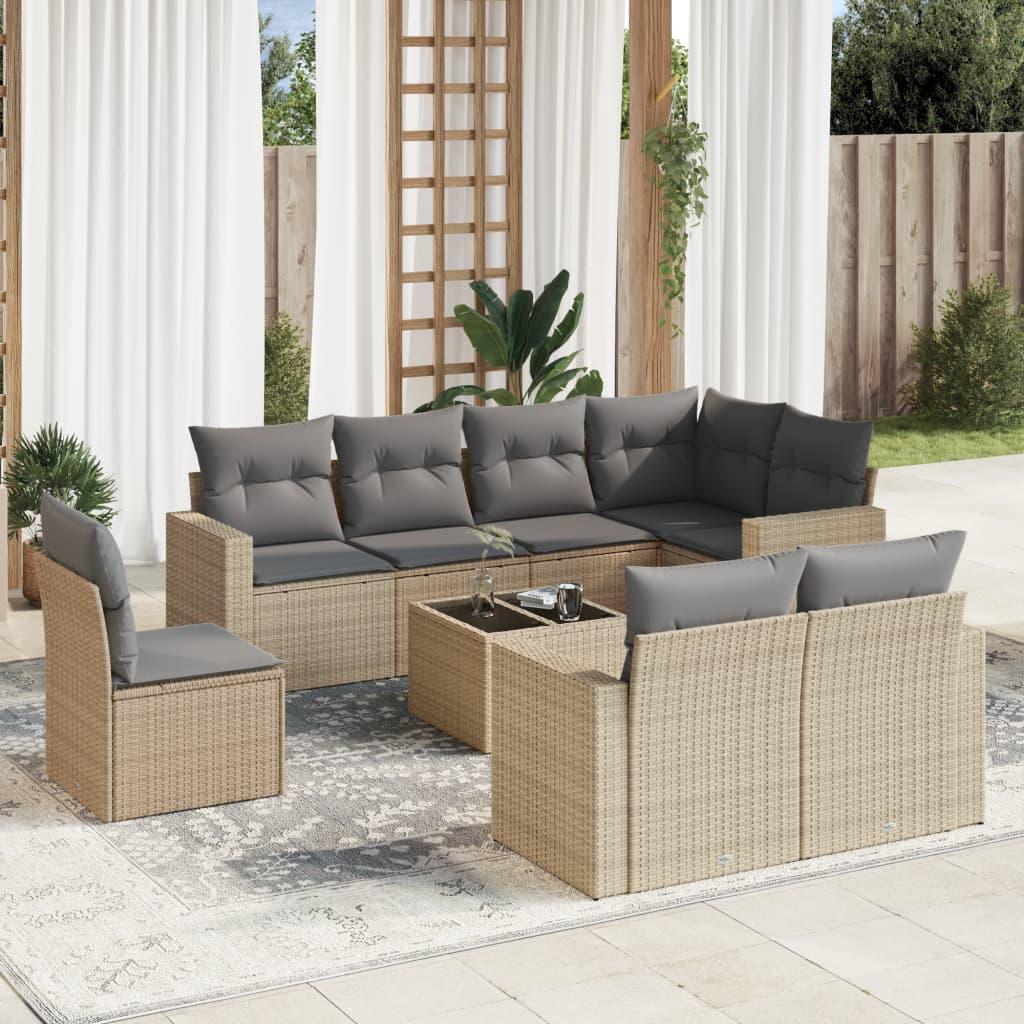 Sofasæt Til Haven 9 Dele Med Hynder Polyrattan - beige og grå / Med bord