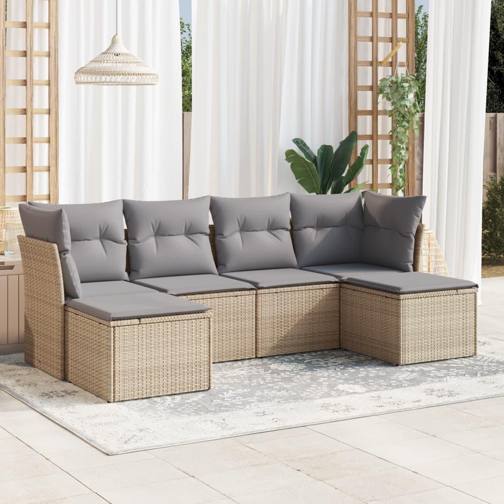 Sofasæt til haven i polyrattan - 6 dele med hynder, beige/lysegrå