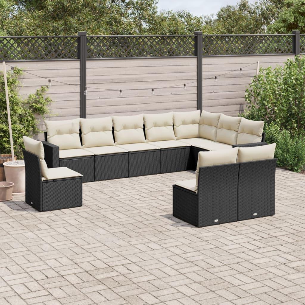 Sofasæt til haven i polyrattan - 10 dele med hynder, sort/creme