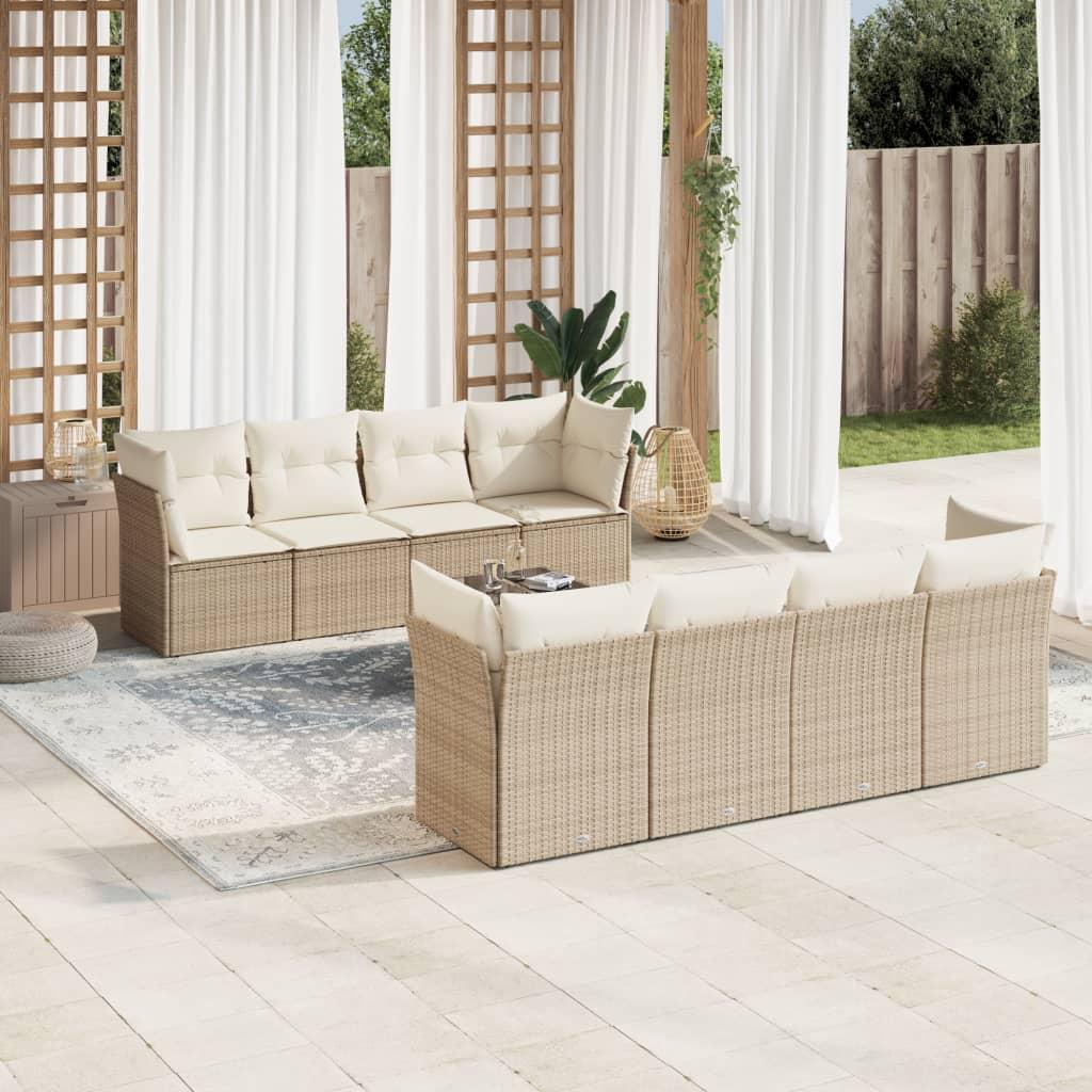 Sofasæt Til Haven 9 Dele Med Hynder Polyrattan - beige og cremefarvet / bord 4x hjørnedel 4x midterdel