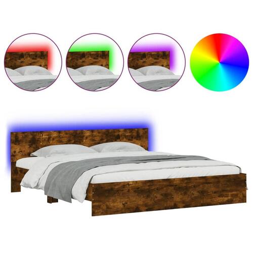 Sengeramme med sengegavl og LED-lys 200x200 cm røget egetræ