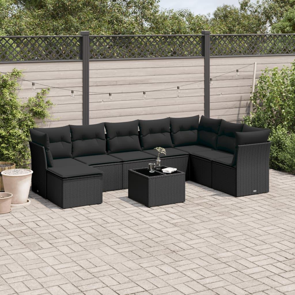 Sofasæt til haven i polyrattan - 9 dele med hynder, sort