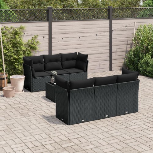 Sofasæt til haven 7 dele med hynder og glasbord i polyrattan - sort