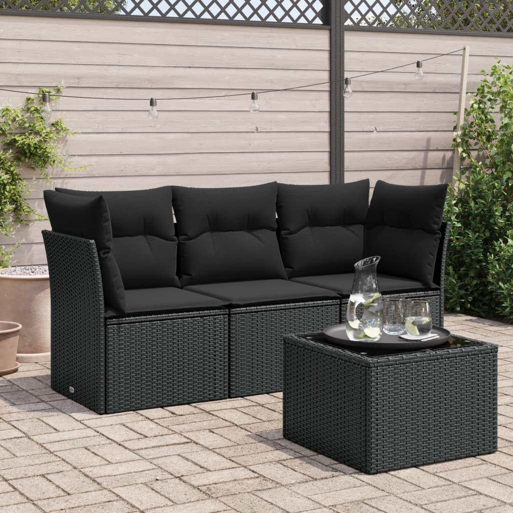 Sofasæt til haven 4 dele med hynder og glasbord i polyrattan - sort
