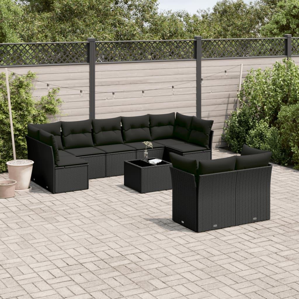 Sofasæt til haven - 10 dele i sort polyrattan med hynder og bord