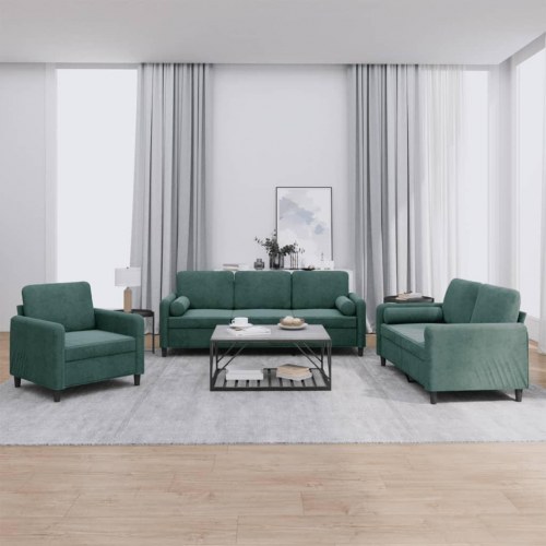 Sofasæt i velour - 3 dele med puder, mørkegrøn
