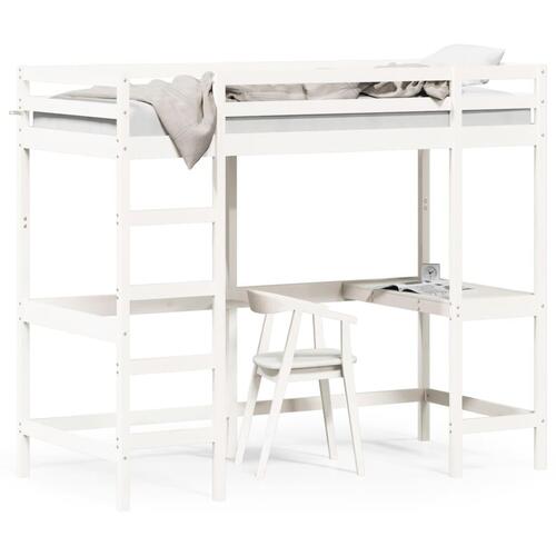 Højseng med skrivebord 90x190 cm massivt fyrretræ hvid