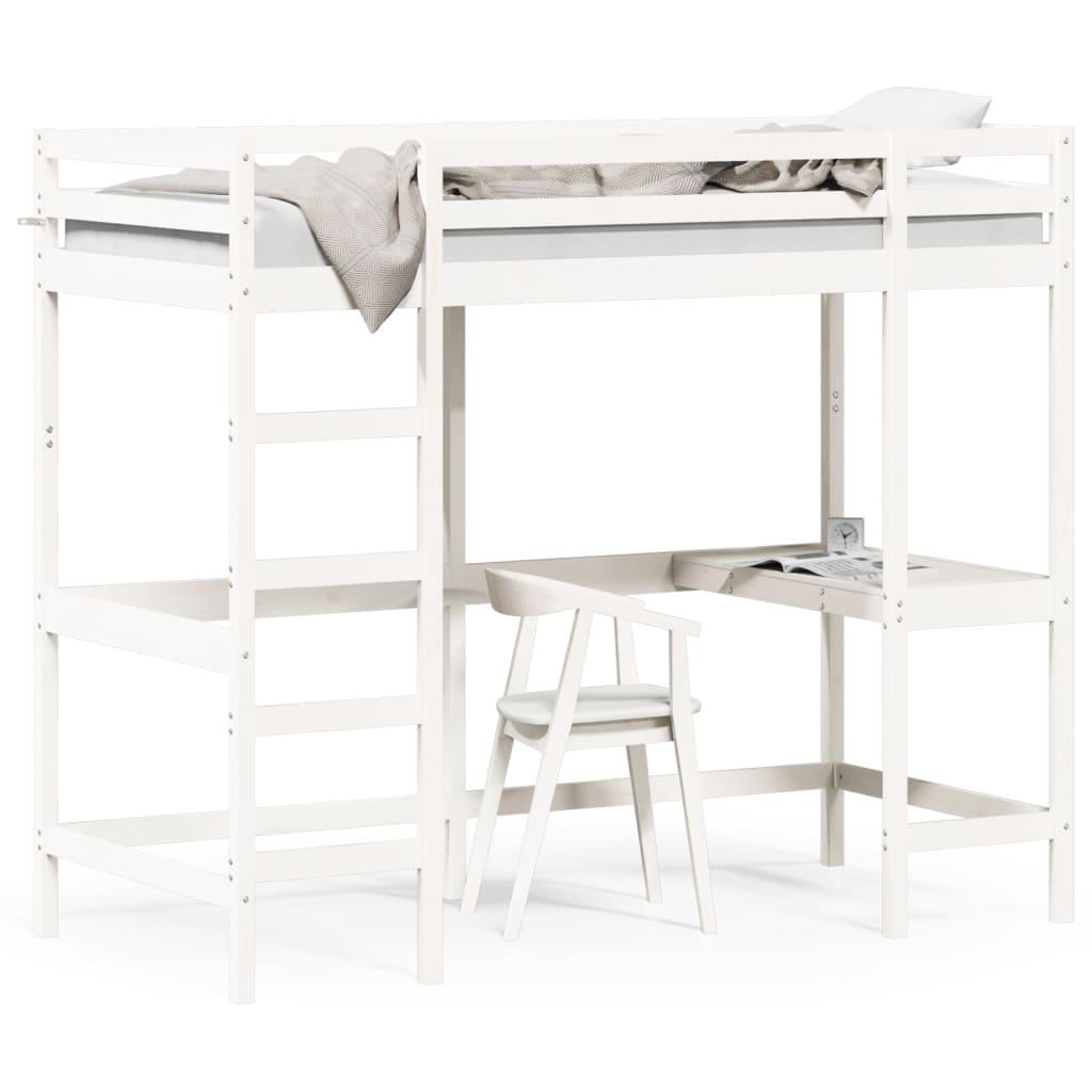 Højseng Med Skrivebord 90x190 Cm Massivt Fyrretræ Hvid