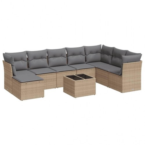 Sofasæt til haven 9 dele med hynder og glasbord i polyrattan - beige