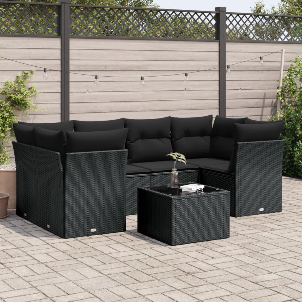 Sofasæt Til Haven 7 Dele Med Hynder Polyrattan - Sort / 4x hjørnedel 2x midterdel bord