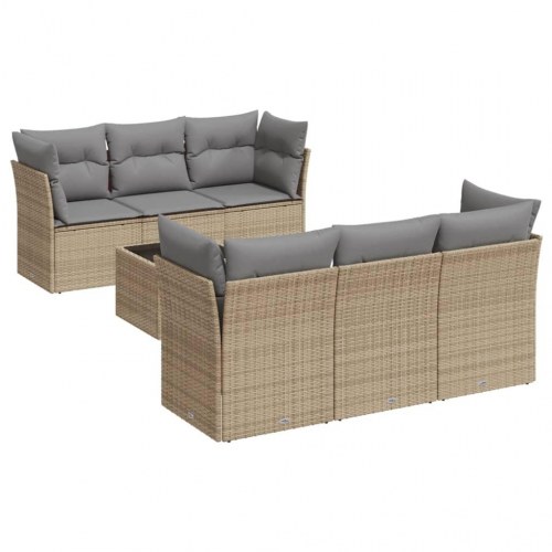 Sofasæt til haven i polyrattan - 7 dele med hynder, beige/lysegrå