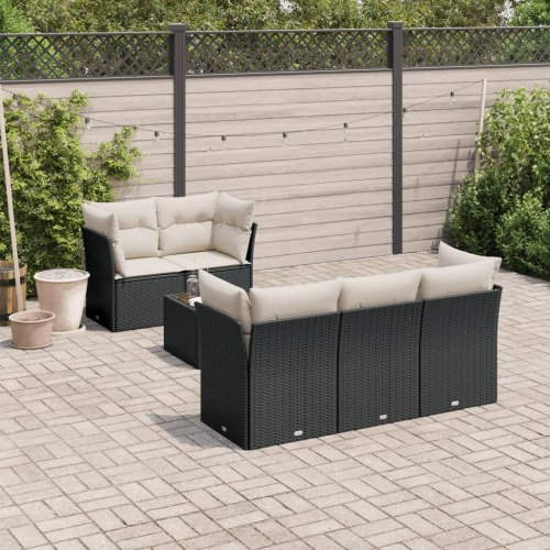 Havesofasæt i polyrattan - 6 dele med hynder, sort