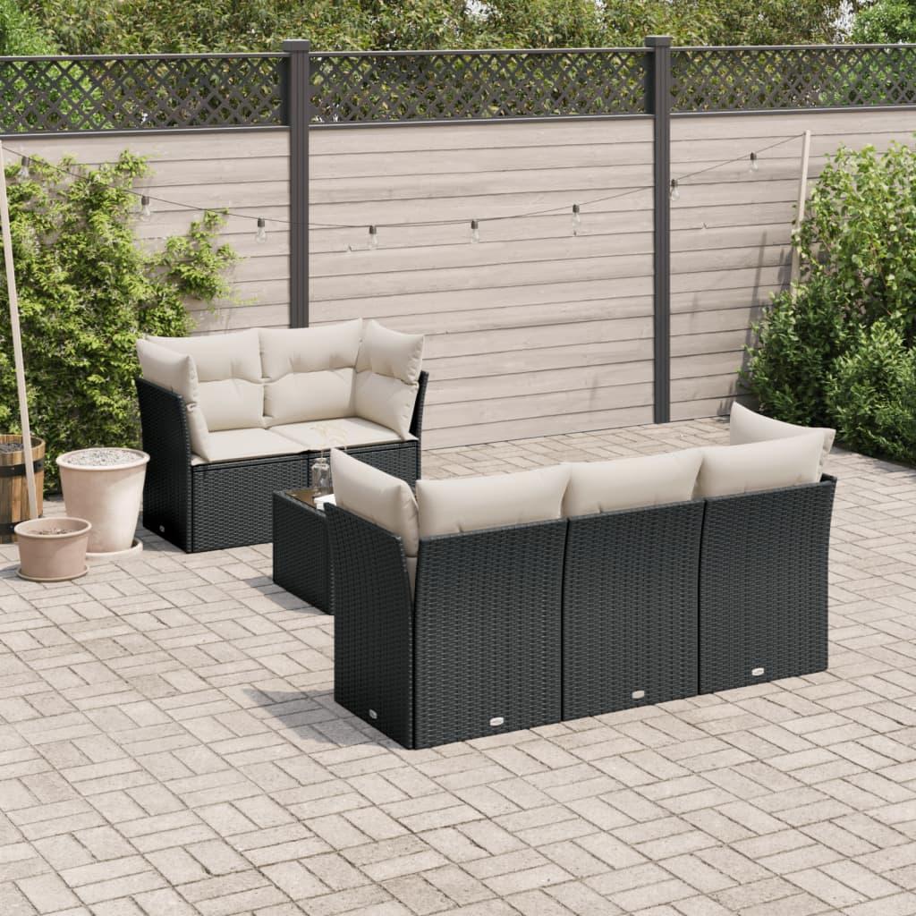 Havesofasæt i polyrattan - 6 dele med hynder, sort