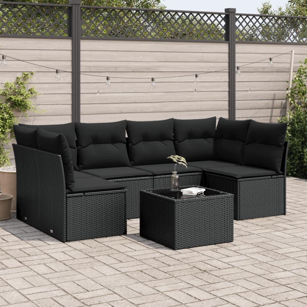 Sofasæt til haven i polyrattan - 7 dele med hynder og opbevaring, sort