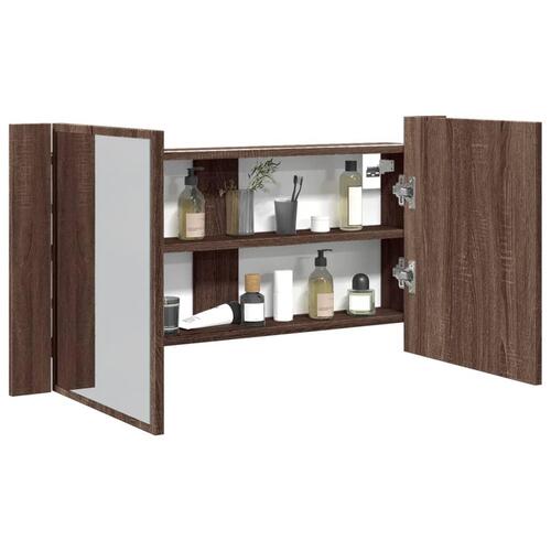 Badeværelsesskab m. spejl og LED-lys 90x12x45cm akryl brunt eg