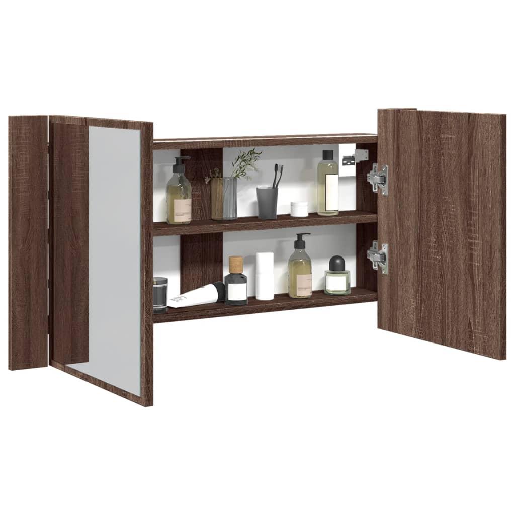 Badeværelsesskab m. spejl og LED-lys 90x12x45cm akryl brunt eg