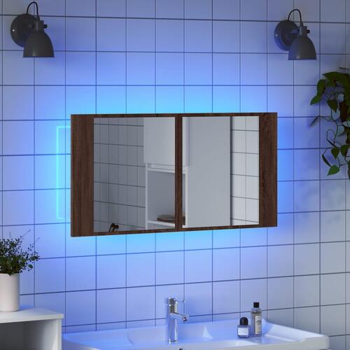 Badeværelsesskab m. spejl og LED-lys 90x12x45cm akryl brunt eg