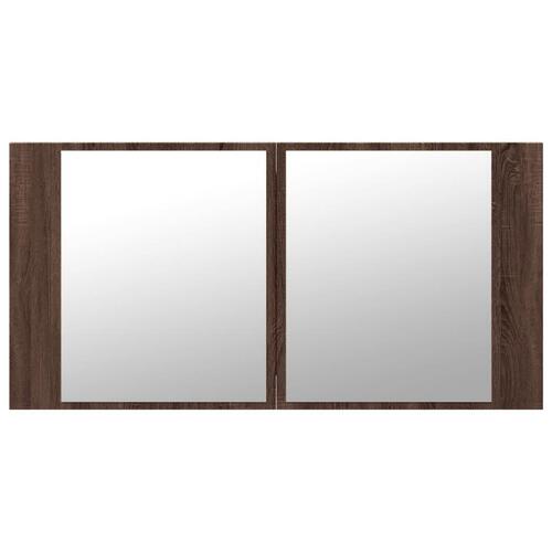 Badeværelsesskab m. spejl og LED-lys 90x12x45cm akryl brunt eg