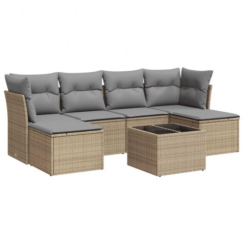 Sofasæt til haven i polyrattan - 7 dele med hynder, beige/lysegrå