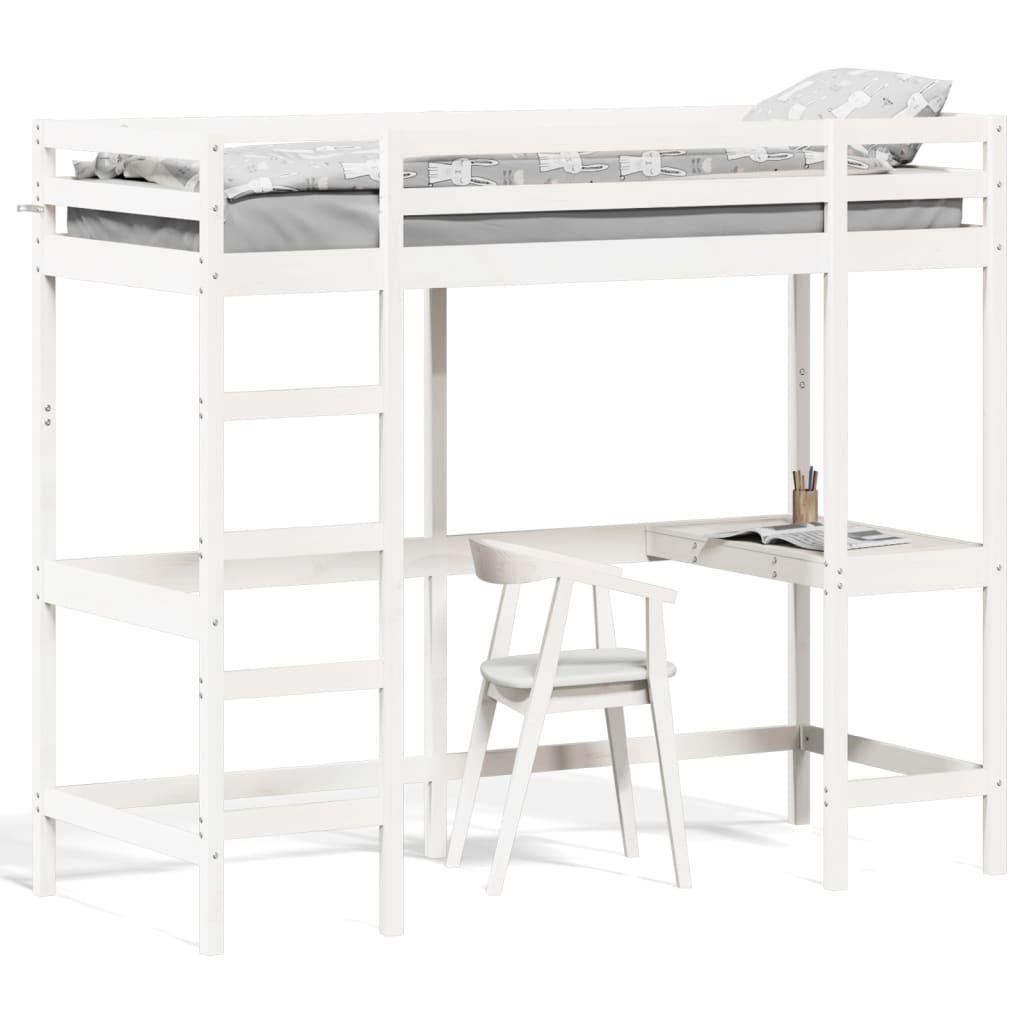 Højseng Med Skrivebord 75x190 Cm Massivt Fyrretræ Hvid