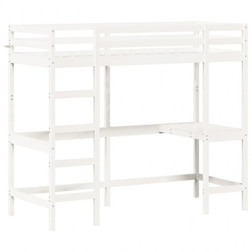 Højseng med skrivebord 75x190 cm massivt fyrretræ hvid
