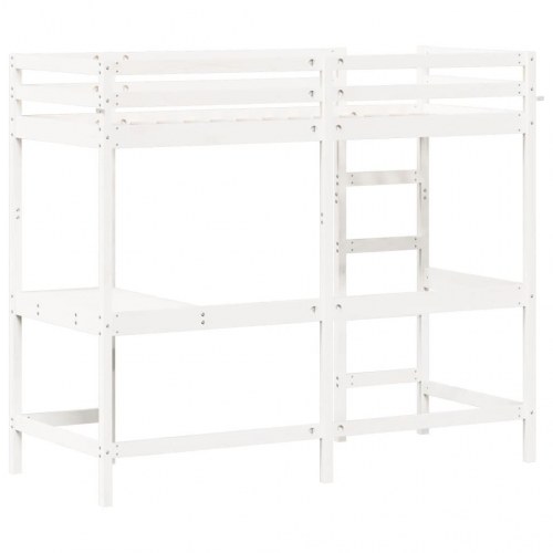 Højseng med skrivebord 75x190 cm massivt fyrretræ hvid