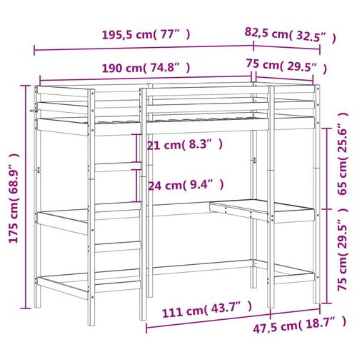 Højseng med skrivebord 75x190 cm massivt fyrretræ hvid