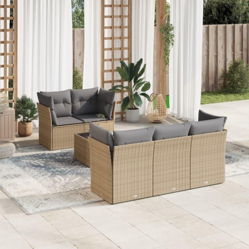 Sofasæt til haven i polyrattan - 6 dele med hynder, beige/lysegrå
