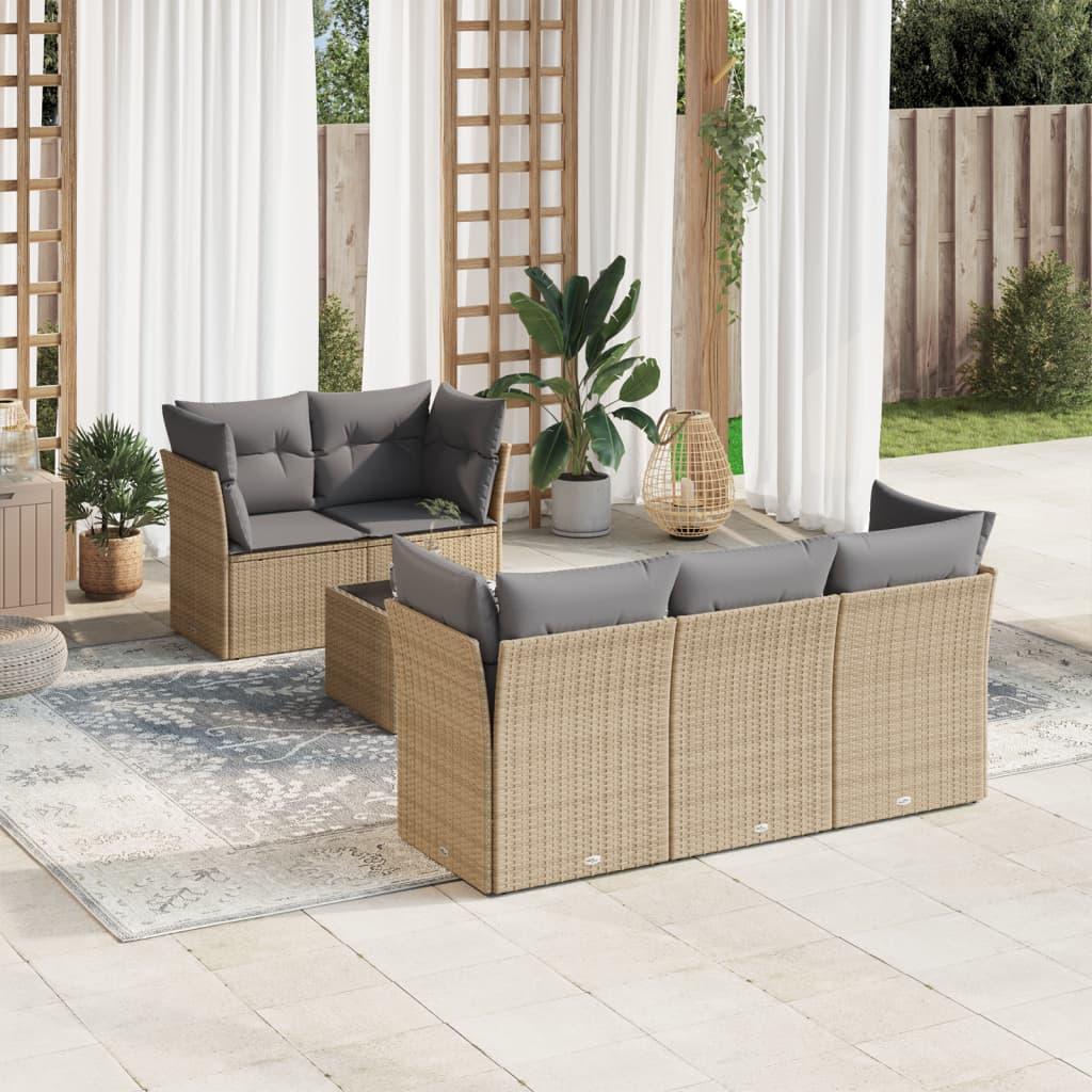 Sofasæt til haven i polyrattan - 6 dele med hynder, beige/lysegrå