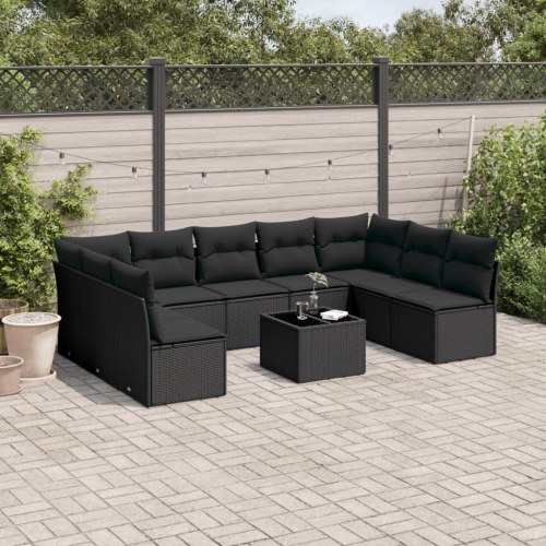 Sofasæt til haven 10 dele med hynder og glasbord i polyrattan - sort