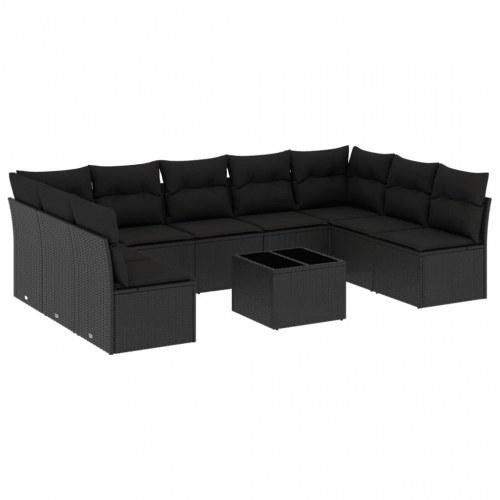 Sofasæt til haven 10 dele med hynder og glasbord i polyrattan - sort