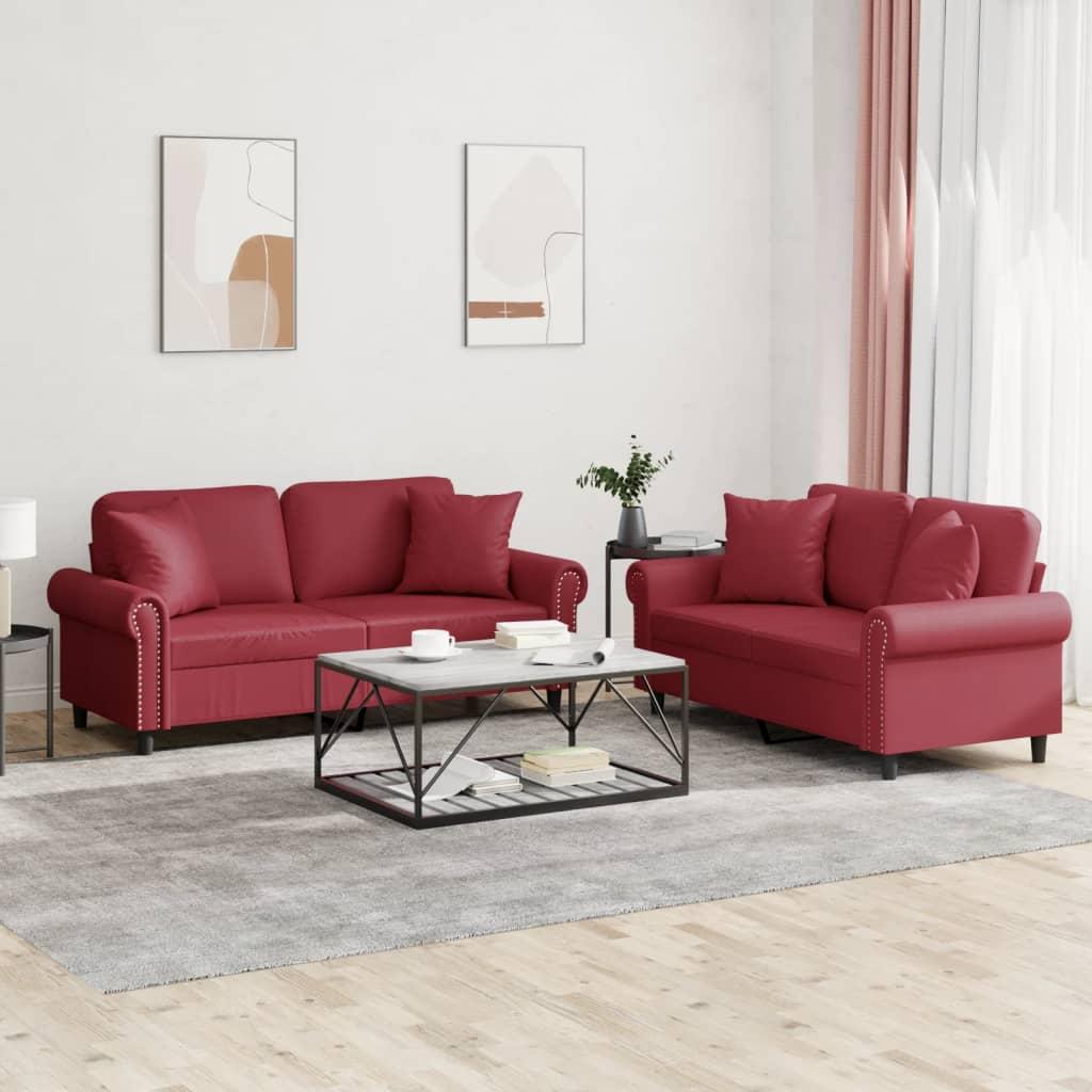 2 Personers Sofa Med Puder Kunstlæder Vinrød
