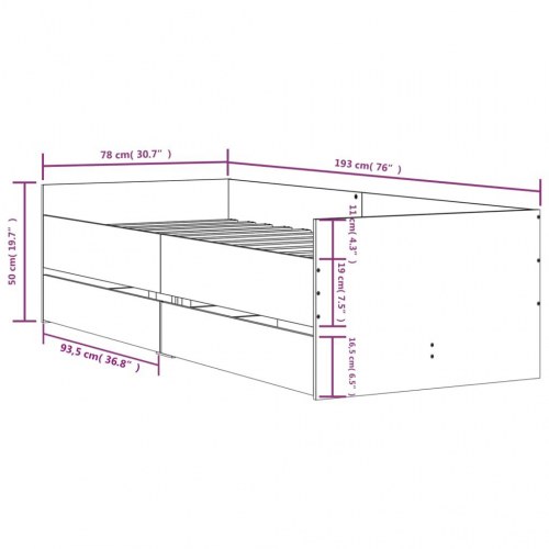 Sengestel med skuffer - brunt eg 75 x 190 cm