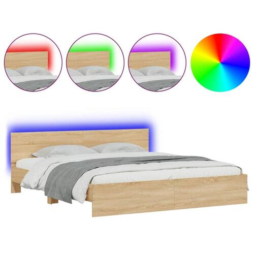 Sengeramme med sengegavl og LED-lys 200x200 cm sonoma-eg