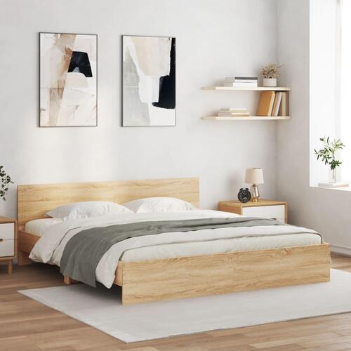 Sengeramme med sengegavl og LED-lys 200x200 cm sonoma-eg