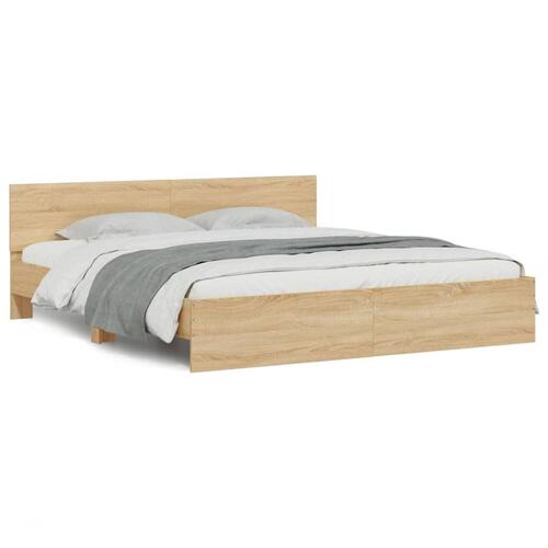 Sengeramme med sengegavl og LED-lys 200x200 cm sonoma-eg