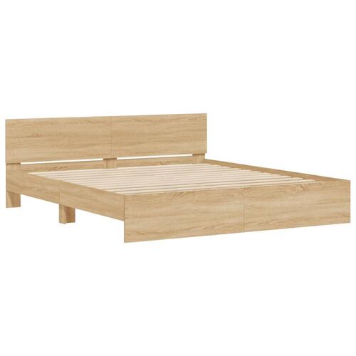 Sengeramme med sengegavl og LED-lys 200x200 cm sonoma-eg