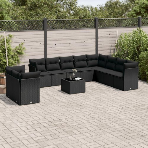Sofasæt til haven 11 dele med hynder i polyrattan og glasbord - sort