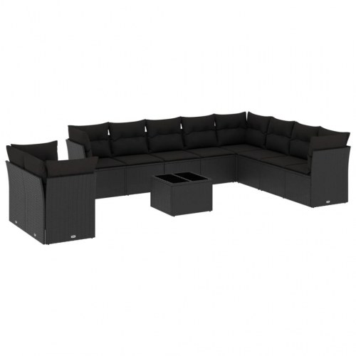 Sofasæt til haven 11 dele med hynder i polyrattan og glasbord - sort