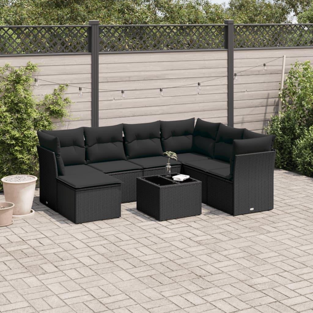 Sofasæt til haven i polyrattan - 8 dele med hynder, sort
