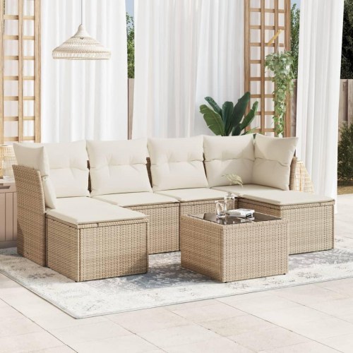 Sofasæt til haven 7 dele med hynder og glasbord i polyrattan - beige
