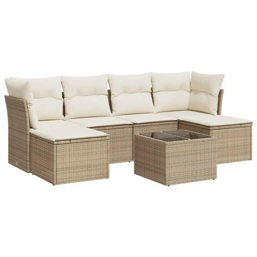 Sofasæt til haven 7 dele med hynder og glasbord i polyrattan - beige