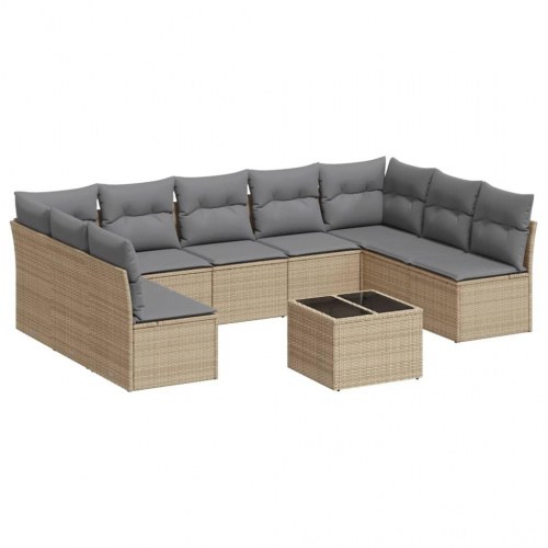Sofasæt til haven i polyrattan - 10 dele med hynder, beige/lysegrå