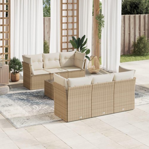 Sofasæt til haven 7 dele med hynder og glasbord i polyrattan beige