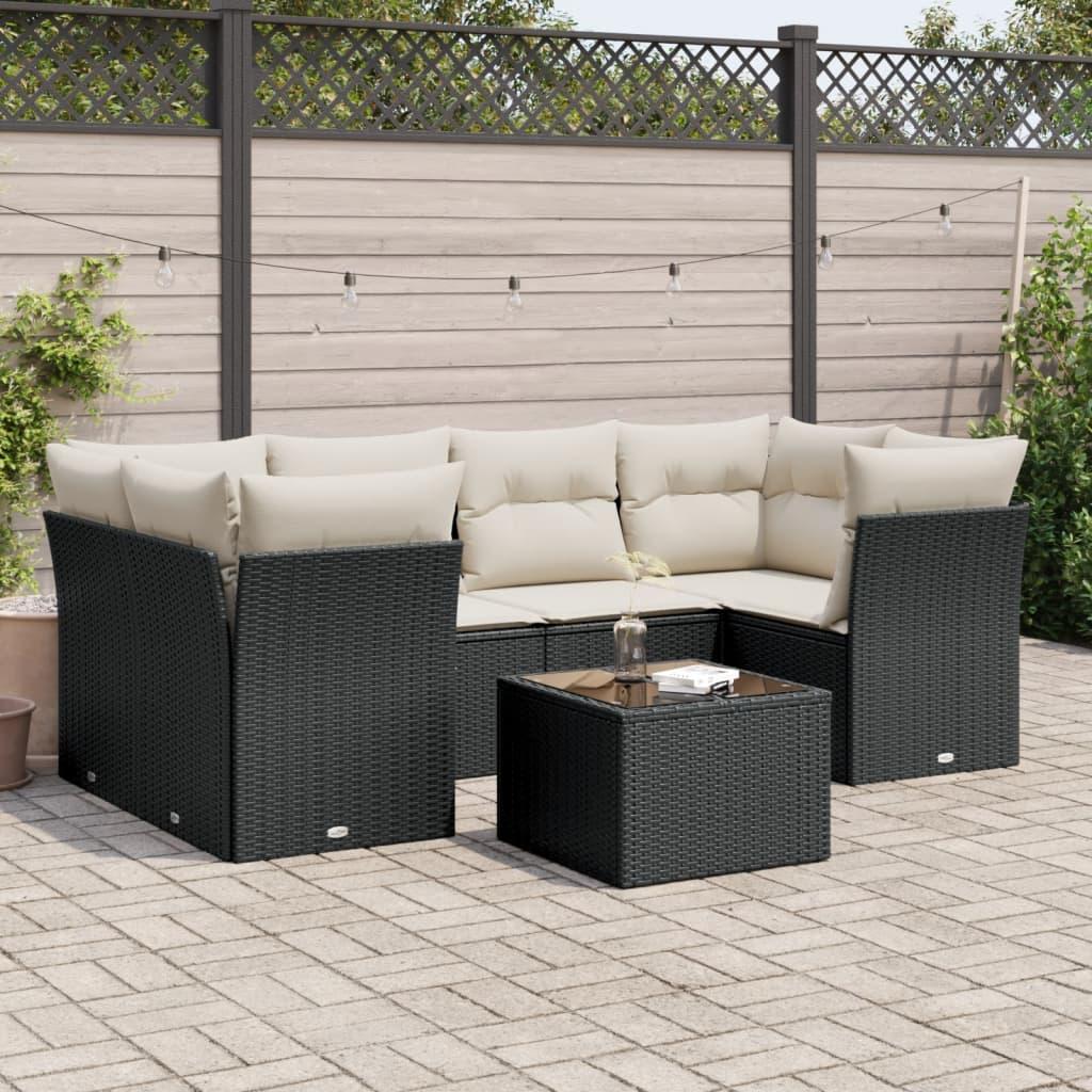 Sofasæt Til Haven 7 Dele Med Hynder Polyrattan - Sort og cremefarvet / 4x hjørnedel 2x midterdel bord