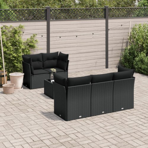 Sofasæt til haven 6 dele med hynder og glasbord i polyrattan - sort