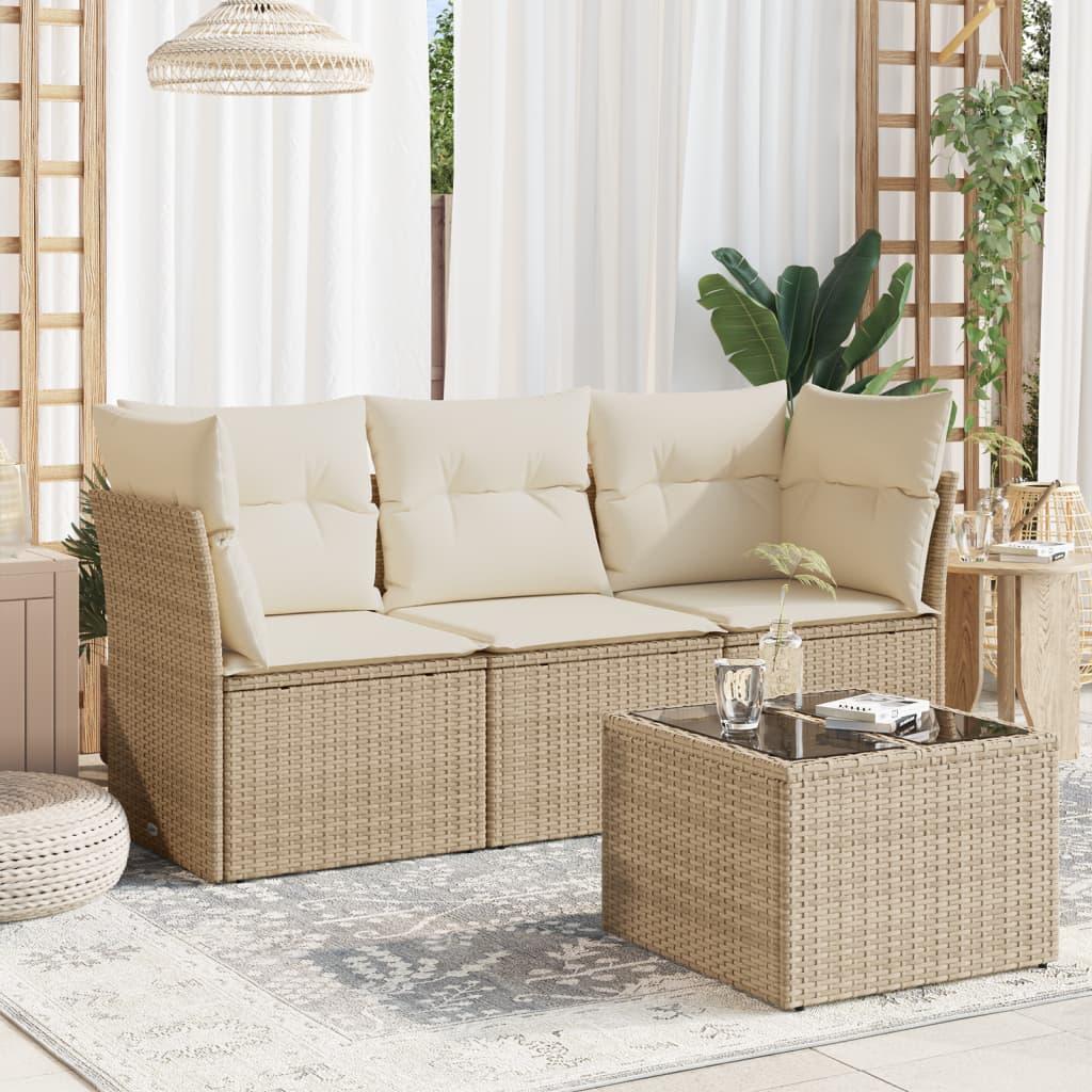 Sofasæt til haven 4 dele med hynder og glasbord i polyrattan - beige