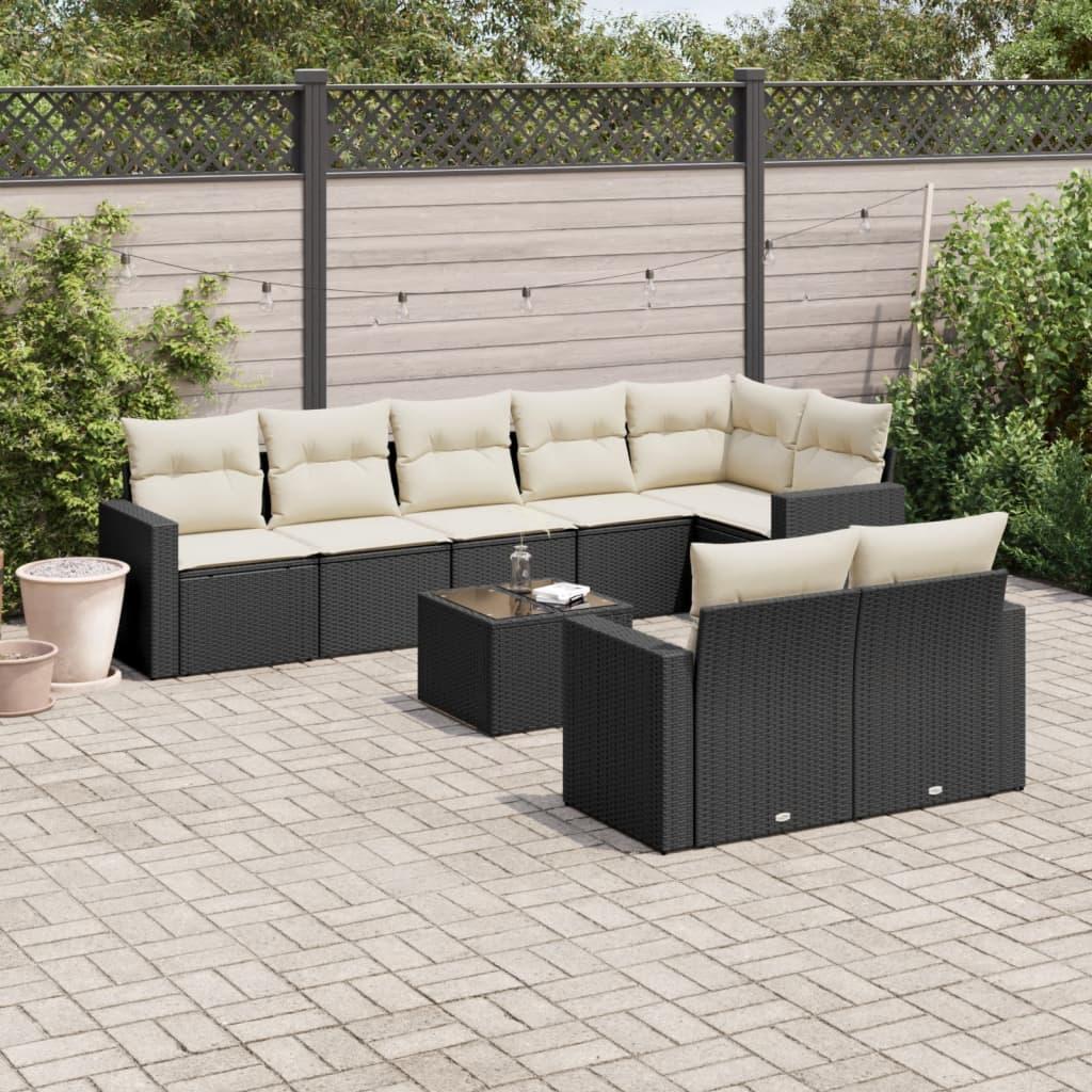 Sofasæt til haven i polyrattan - 9 dele med hynder, sort