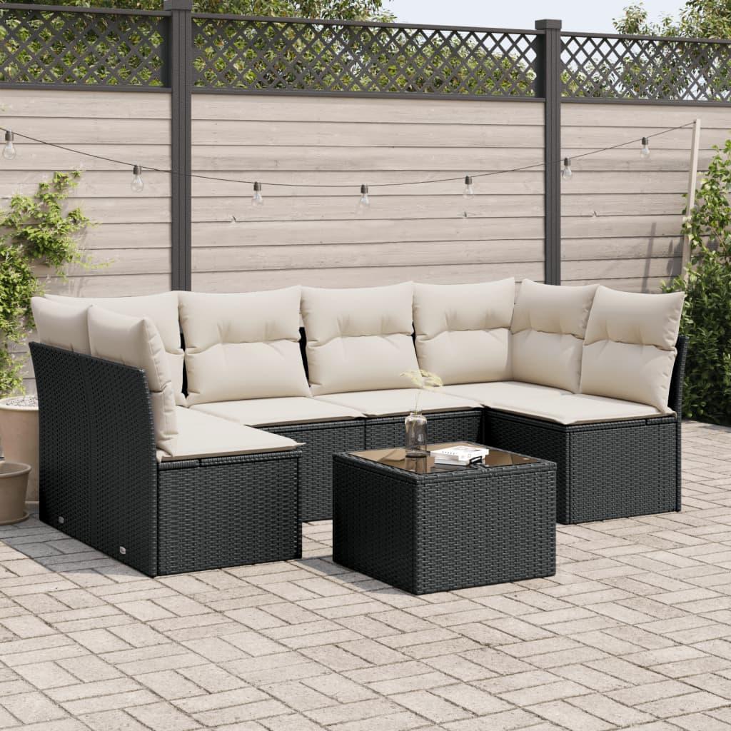 Sofasæt Til Haven 7 Dele Med Hynder Polyrattan - Sort og cremefarvet / Med bord